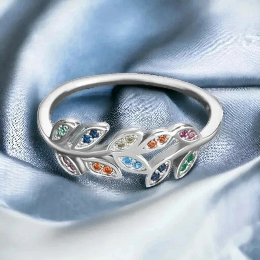 🆕️Elegant S925 Sterling Silver Leaf Ring w/ Colorful Zircons 🌿💍 Gift Box 🎁 - Picture 6 of 10